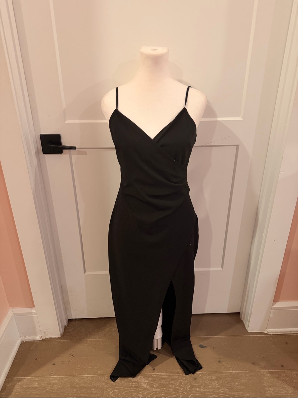 Black Spaghetti Strap Wrap Midi Dress